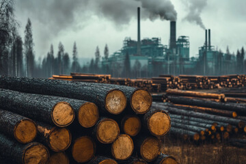 Stacked logs in forest with industrial plant in background smoky sky
