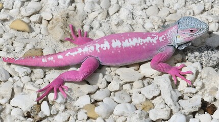 Vibrant Pink Iguana Lizard on White Rocks, Reptile, Exotic Pet