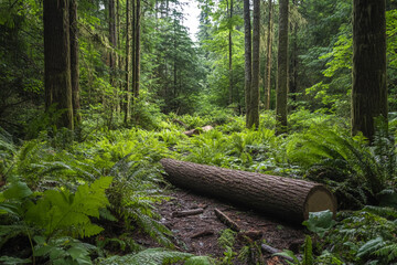 Fallen log in lush green forest tall trees ferns sunlight path
