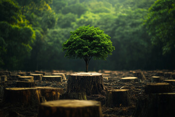 A young tree grows from a stump in a deforested area a symbol of hope and regeneration