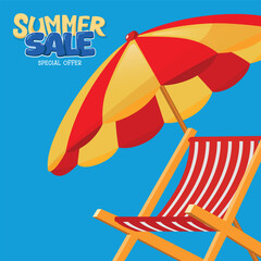 Striped Deck Chair with Beach Umbrella Vector Illustration. The scene evokes a relaxing summer day at the beach, ideal for travel ads, vacation brochures, and summer-themed designs.
