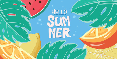Hello Summer Background with Tropical Leaves, Fruits, Popsicles. Vector illustration of flyer, brochure and ads. Happy summer background.