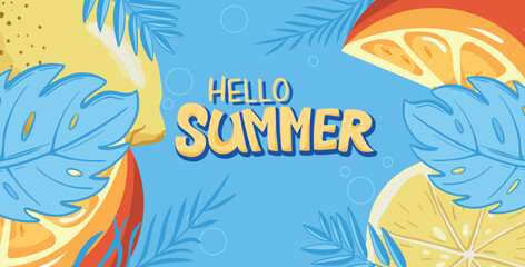 Hello Summer Background with Tropical Leaves, Fruits, Popsicles. Vector illustration of flyer, brochure and ads. Happy summer background.