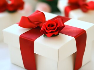 Elegant White Gift Box with Red Ribbon and Rose