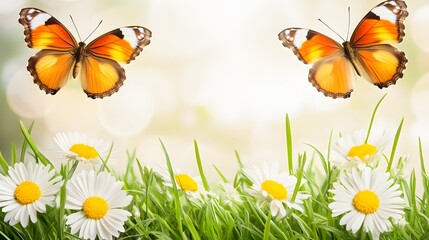 Two Orange Butterflies Flying Over Daisies in Green Grass