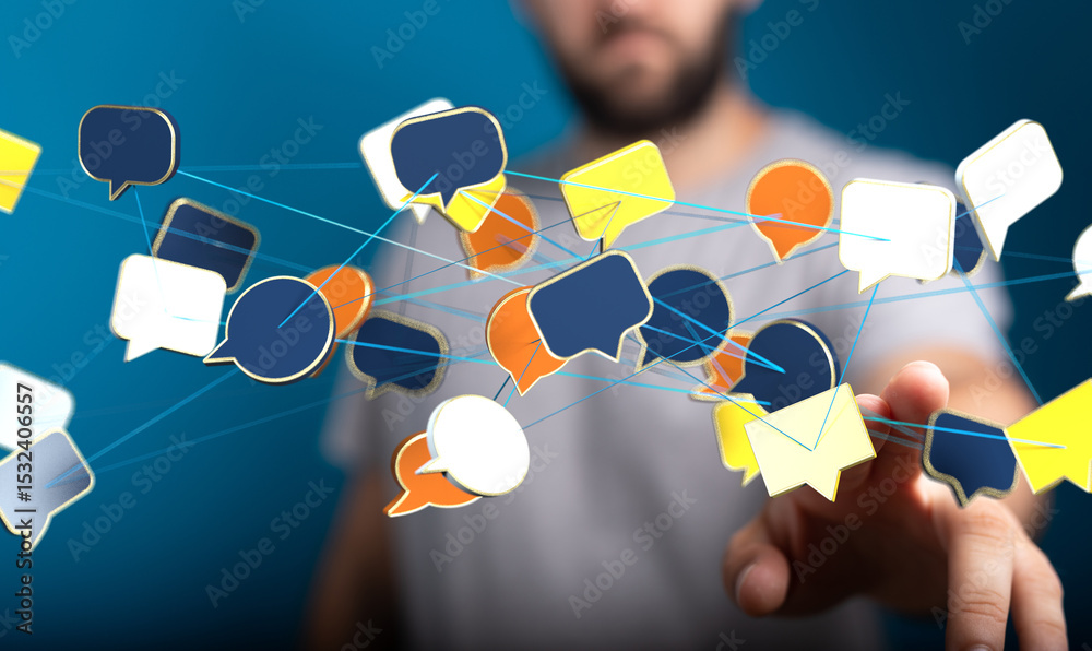 Poster Abstract image of interconnected speech bubbles, representing global communication and networking.