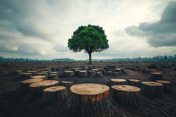 Lone tree stands tall amidst a field of tree stumps a stark contrast of life and deforestation