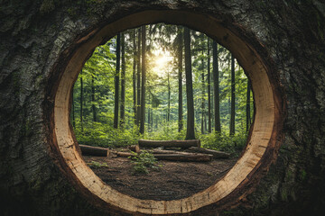 Forest scene viewed through a large hole in a tree trunk sunlight filters through the trees