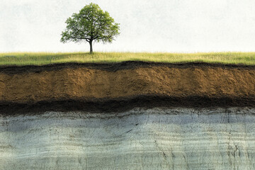 A lone tree stands atop a grassy hill revealing layers of earth below
