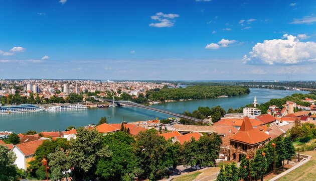 view of belgrade and zemun in serbia from gardos tower panorama of the danube river with veliko ratno ostrvo in the background in summer