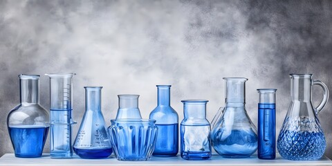 Blue Glass Bottles and Laboratory Equipment Still Life
