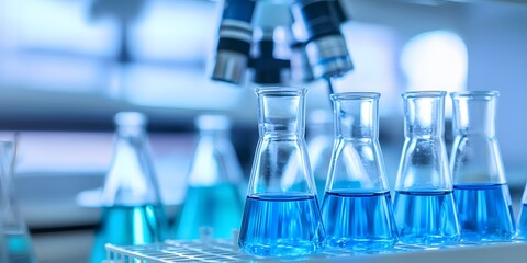 Laboratory Erlenmeyer Flasks with Blue Liquid Science Experiment