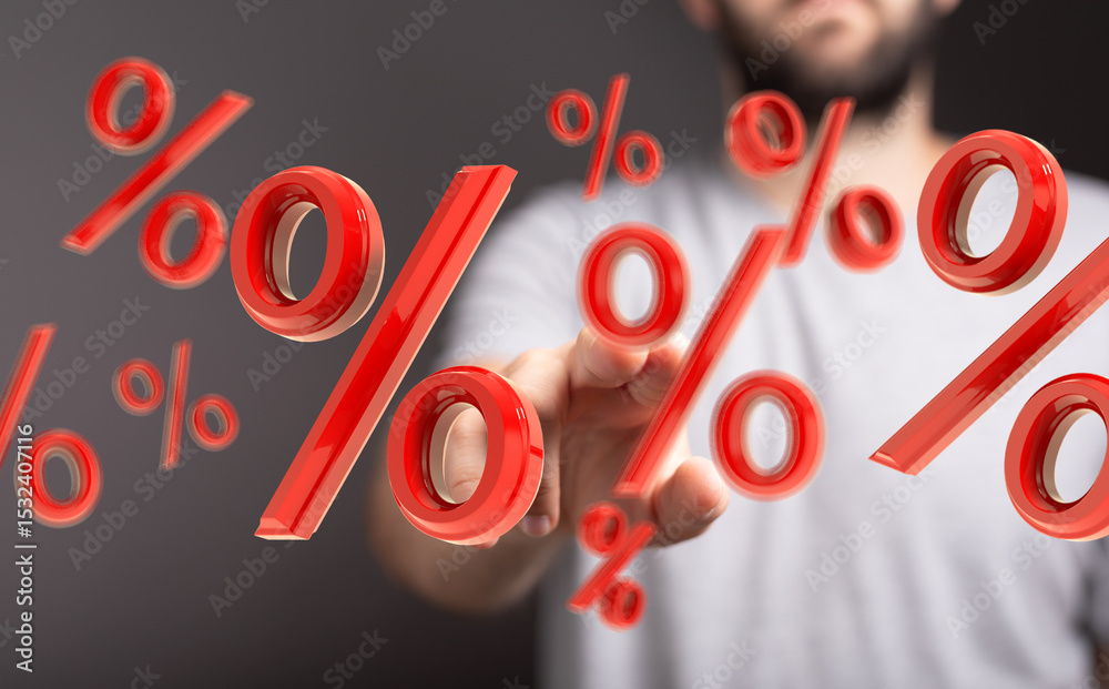 Poster abstract image of a person interacting with floating percentage symbols. ideal for finance, discount