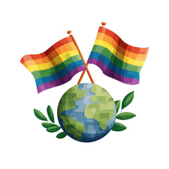 Celebrating Global Inclusion: Vibrant rainbow flags wave proudly above a representation of the Earth. a symbol of universal acceptance.