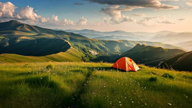 Camping on the Peak: A vibrant orange tent nestled atop a sun-drenched mountain, offering a serene escape and a captivating view of rolling hills, a true ode to adventure and tranquility.
