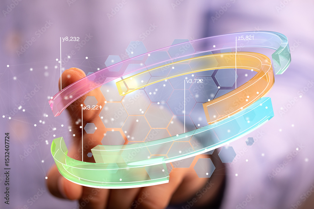 Fototapete Abstract image of data visualization. Colorful arrows and hexagons represent growth and progress.