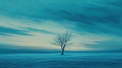 Obraz premium Serene Solitude of a Leafless Tree Against a Tranquil Blue Sky at Dusk in an Expansive Field of Soft Colors and Calm Atmosphere