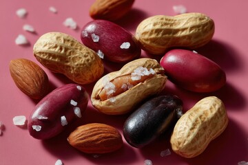 Colorful assortment of salted nuts arranged on vibrant pink background with a focus on texture and detail