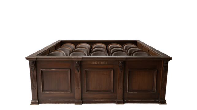Empty jury box, complete with cushioned chairs, stands in a courtroom, ready for jurors to deliberate, with a transparent background for easy integration into various projects