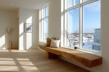 Fototapeta premium Bright interior space with minimalist design and large windows showcasing a scenic view on a clear day