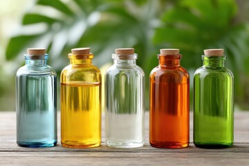 Colorful glass bottles filled with natural oils and liquids arranged on a wooden surface surrounded by lush greenery
