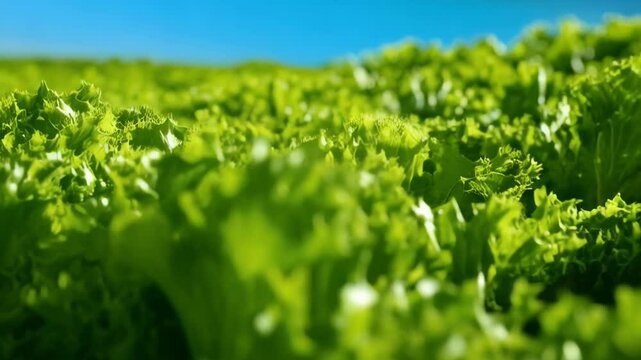 Fresh bright green frisee lettuce growing in a field under a blue sky with focus on the textures and patterns of the leaves.