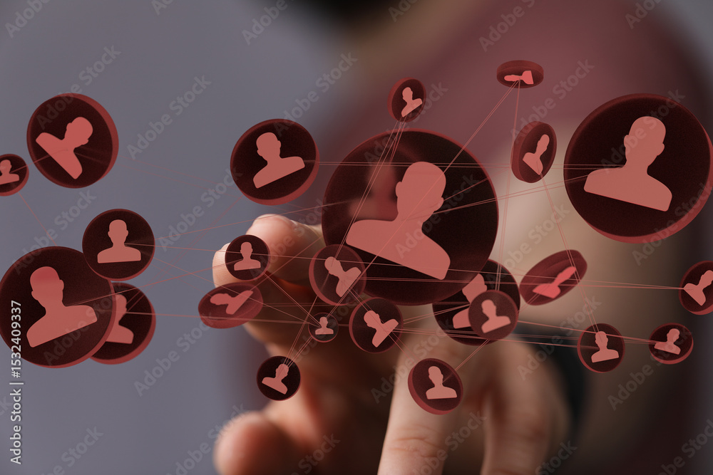 Poster image depicting a network of connections, symbolizing social media, online communities, and global n