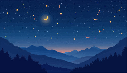 Night Sky with Mountains, Moon, and Stars