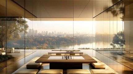 Cityscape view, tranquil modern lounge, sunrise
