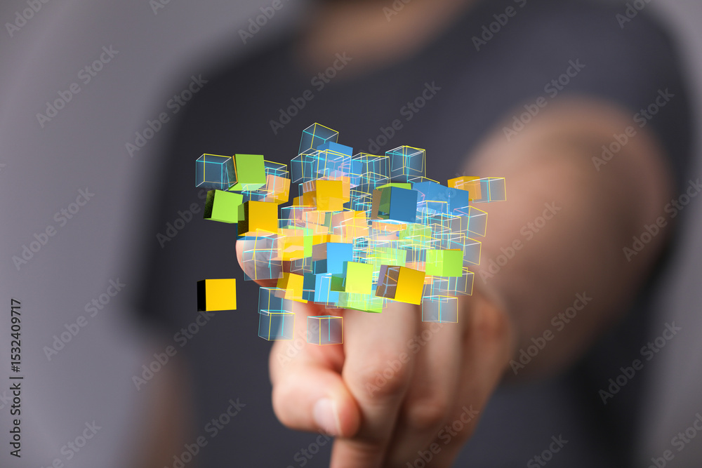 Aufkleber abstract image of hand interacting with colorful 3d cubes, representing data, technology, or innovat