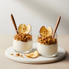 Two clear glasses of yogurt topped with granola and dried apple slices are presented on a white circular tray. Generative AI.
