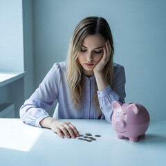 A young adult woman appears sad, looking at a few coins on a table next to a piggy bank. Generative AI.