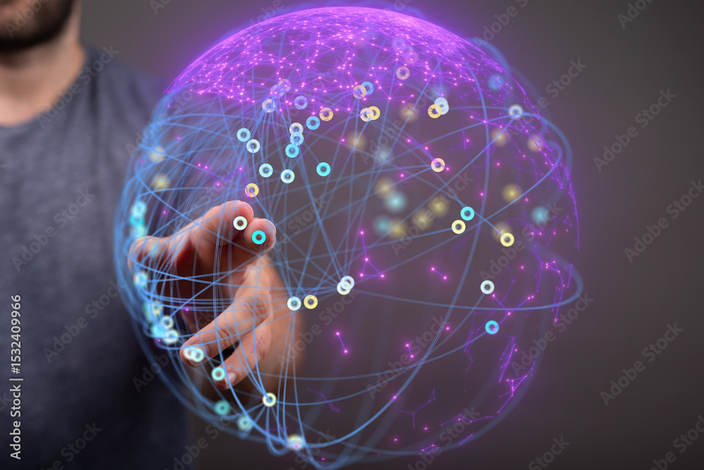 Poster Person interacts with a glowing digital sphere, representing global network connections and data flow.