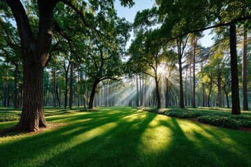 Sunlight filters through trees in a serene park at dawn, creating a magical atmosphere in nature