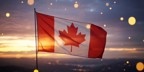 Dramatic long exposure of the Canadian flag waving proudly against a vibrant sunset sky, illuminated by warm, ethereal bokeh lights, capturing national spirit