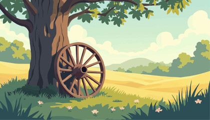 Fototapeta premium Cartoon wagon wheel leaning on tree in rural scene
