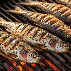 whole grilled sardines with visible char marks and seasoning are cooking on a metal barbecue grate over hot embers. Generative AI.
