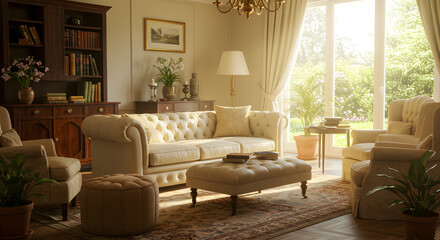 Sunlit Classic Living Room Interior Design Elegant & Comfortable Space
