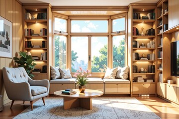 Fototapeta premium Cozy library wall living room design with wooden walls, shelves filled with books, large window showcasing sunny day. Concept of warm interior library wall living room design inviting atmosphere.