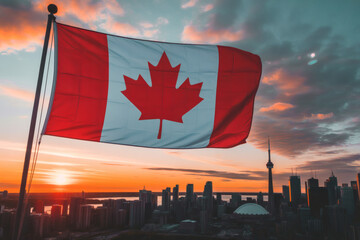Striking image of the Canadian flag waving majestically against a vibrant sunset over a city skyline, featuring prominent architectural landmarks and a dramatic sky.