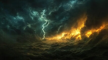 Fototapeta premium Dramatic Thunderstorm Over Dark Clouds with Striking Lightning and Fiery Sunset Glow in the Sky, Perfect for Weather and Nature Themes