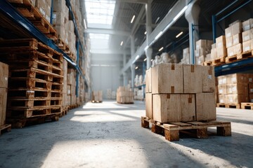 Storage area filled with stacked wooden pallets and cardboard boxes during daylight hours in a warehouse