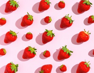A vibrant and playful wallpaper design featuring a mesmerizing arrangement of large and small strawberries. against a soft, blush-like pink background