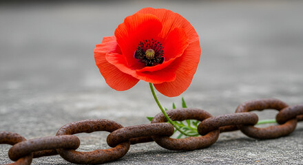Red poppy flower blooming next to rusty metal chain on gray concrete surface, representing resilience and peace on Remembrance Day.