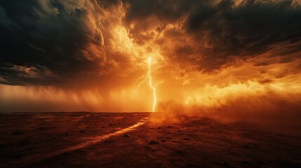 Obraz premium Dramatic Lightning Strike During a Fiery Sunset Over a Desert Landscape with Dark Storm Clouds and Intense Weather Conditions