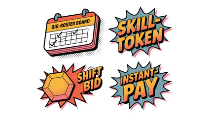 Gig roster board with check marks, skill token, shift bid and instant pay icons are represented in a colorful pop art style with a transparent background