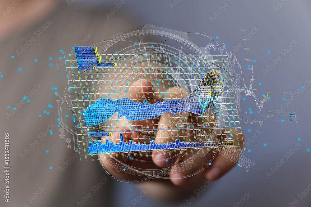 Poster stock photo of a hand interacting with a digital graph, showing data analysis and business intellige