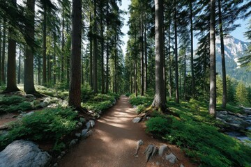 Lush forest pathway winding through tall trees under clear blue sky in serene mountain landscape