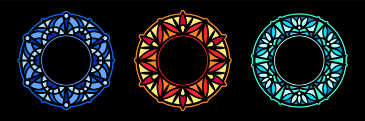 Stained glass round frames collection, circle shape patterns set, medieval gothic rose window mandala ornament, tracery. Radial floral motive design element. Colorful mosaic decoration, background