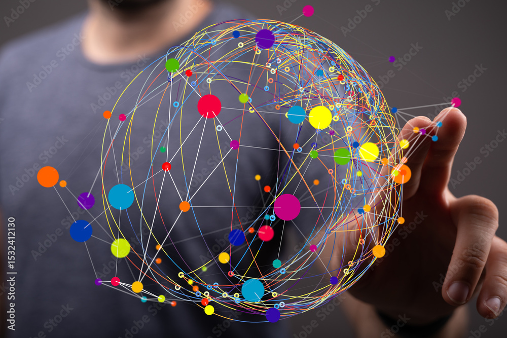 Fototapete Abstract image of a global network with colorful nodes and connecting lines, representing connection and communication.